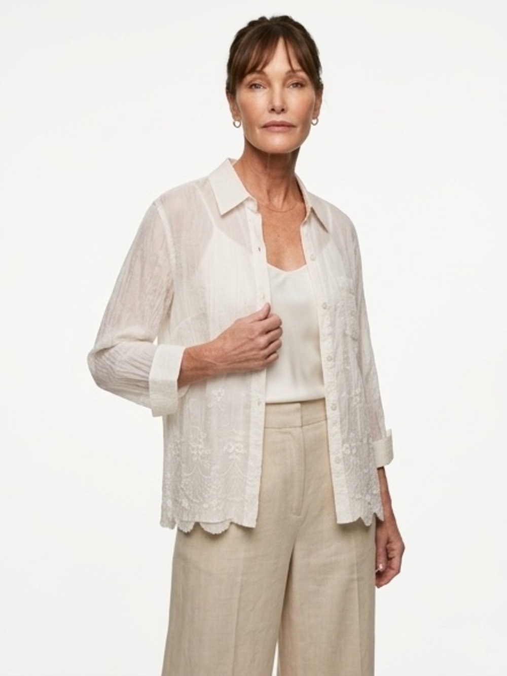 NWT Coldwater Creek White Button-Down Silk Shirt with Embroidery